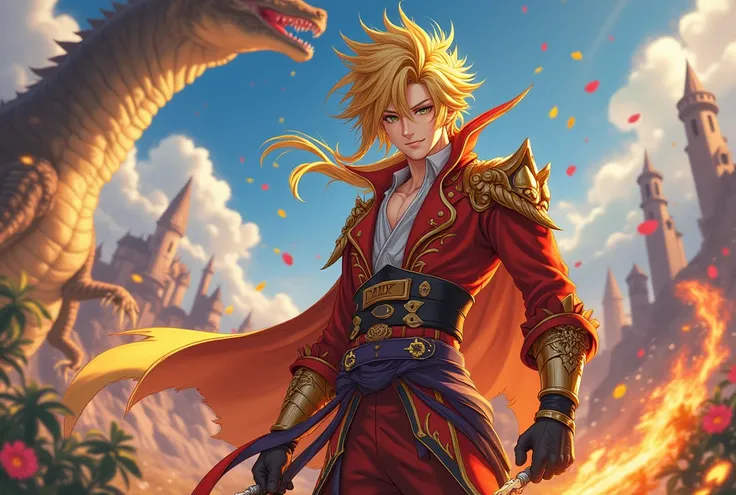 2 male oc de 16 ans du jeux genshin fire impact 
mishi cheveux jaune long forms dragons
yeux ecarlate stylé artificiel porte un masque de demon avec une boule de feux porte vetement de combat or et argent a capuche avec l'embleme pirate.regard de predateur...