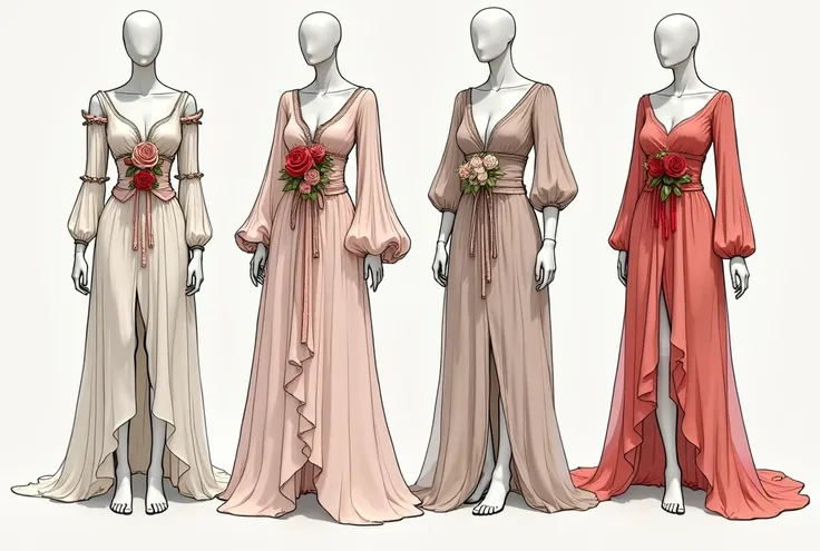 Creates multiple sketches of clothing inspired from bpth the renaissance fashion and rose flowers to fit in contemporary era casual chic style using both opaque and see-through fabrics with a colour palette from renaissance and the rose flowers . I want ro...