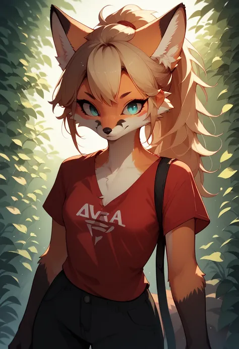 Anime style fox Furry girl, red t-shirt and black hose. (small breasts)