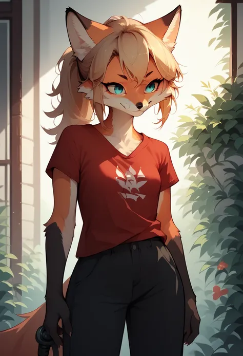 Anime style fox Furry girl, red t-shirt and black hose. (small breasts)