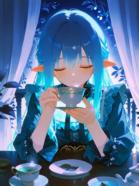 Kawaii style, nighttime tea party,enjoying tea scene,1girl\(closed eyes,puckered lips,light blush,extreme watersplash from mouth\),hold a cup right hand,relaxed posture, 1saucer placed on the table,gentle night breeze, flowing curtains, floating tea leaves...