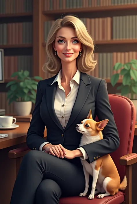 Draw a female dean with her chihuahua pet in her office