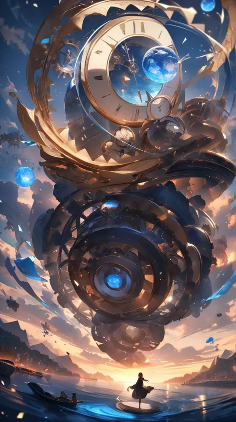 ((high quality)), ((masterpiece)), ((highly detailed)), A world where the sky is made of enormous gears and rotating celestial mechanisms, turning like a grand clock. The cities float on islands suspended by invisible energy, and time flows differently in ...