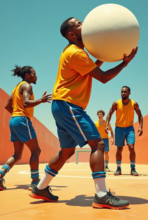 Crée une image avec des joueurs (woman and men)Playing handball with legs tied and a big ball in your hands