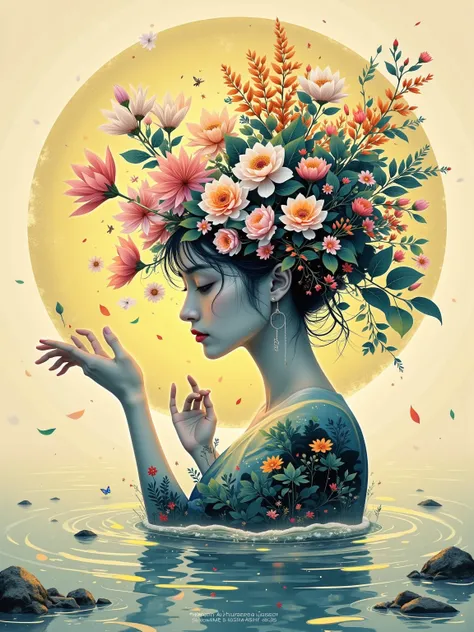 Retro pop art ，Retro feel， strongly contrasts ，Yellowing， Strong flash photography ，Noise，No dermabrasion，Vague，hazy， This image integrates the outline of a beautiful head with various flowers and plants， double exposure，Reflection、 The theme of peace of m...