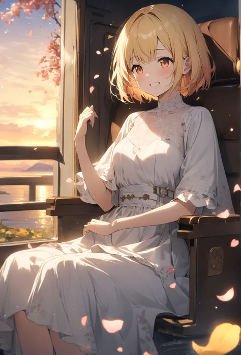 yellow hair、 short hair、  Compa、 evening、、  beautiful view 、white dress、smile、目を閉じて大きくsmile、Ephemeral、 Fluttering Petals 、 in the seat、