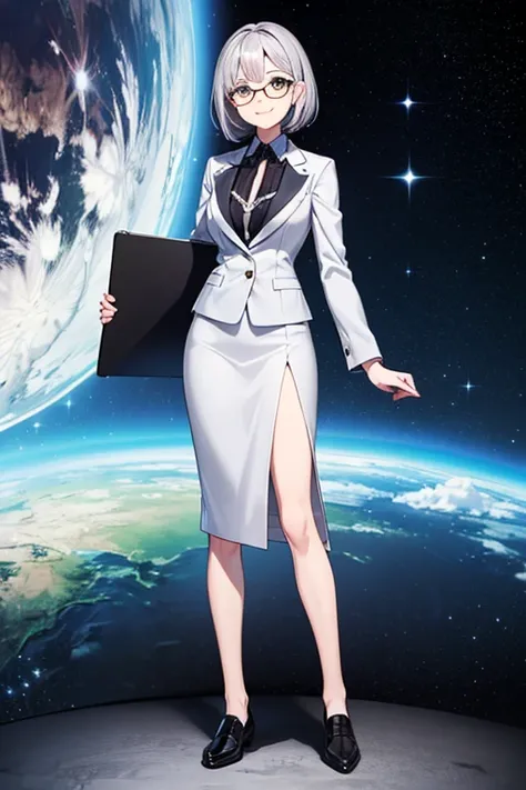  anime picture for TRPG、Space science fiction teacher 、 full body portrait in front of 、A 32-year-old woman about 170 cm tall, wearing a silver suit and a long tight skirt, holding a clipboard and standing upright、Glasses、Silver Eyes、 smiling、The hairstyle...