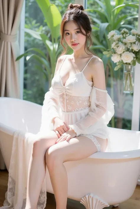 a young woman sitting elegantly on the edge of a white vintage bathtub. She is wearing a delicate white lace outfit with sheer, flowing sleeves, and the fabric drapes gracefully onto the floor. Her hair is styled in a loose, elegant updo adorned with small...