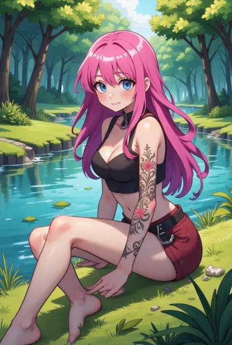  Blue eyed pink long-haired chick with a tattoo on her right hand sits on the bank of a river