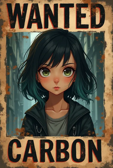 generate a photo of a animated girl with the element carbon for a wanted poster like a one piece photo