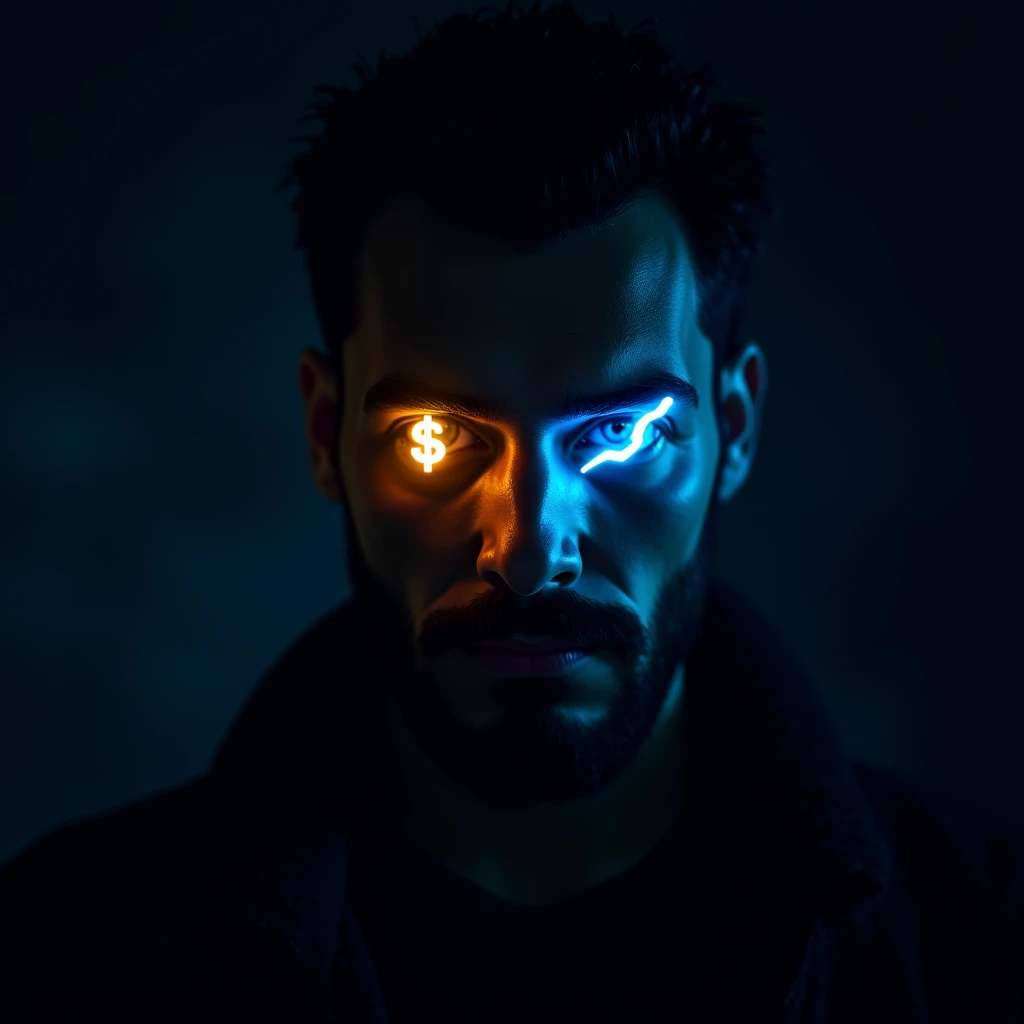 A hyper-detailed, ultra-realistic 8K image of a mysterious man with a shadowed face, partially concealed by darkness. His eyes glow intensely, radiating an eerie yet powerful energy. In his left eye, a luminous golden dollar symbol ($) is embedded, symboli...