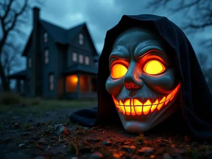 A close-up of a glowing, sinister Halloween mask placed against a backdrop of a desolate, abandoned house. The eyes of the mask glow eerily, and the background is filled with dark clouds and twisted trees, hinting at an unknown, terrifying presence.