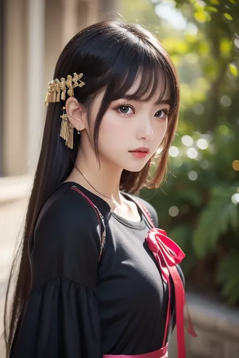  best quality , ( photorealistic:1.2),  1 girl, Alone,  detailed color,  focus on face ,  standing,  black hair,( hair ornament :1.35),OL,  ribbon trimming sleeve ,  detachable sleeves , Ribbon trim,  wide sleeve, ( viewers:1.5)  long hair,  ブラックアイズ, bangs...