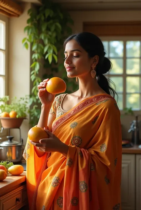 A beautiful lady wearing a saree is eating a juicy and ripe mango in the kitchen