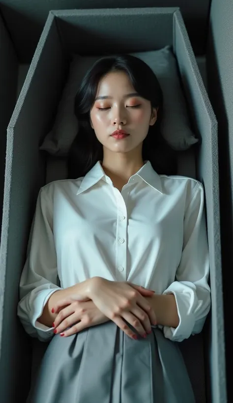 A Korean female teacher wearing a white shirt and a gray skirt sleeping in a coffin lying on her back with her hands crossed over her abdomen. She wears gray heels and wears lipstick, blush, eyeshadow. 