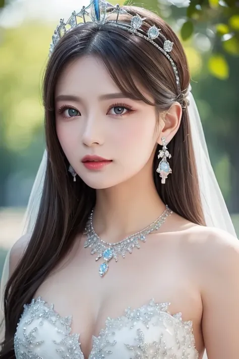 (Masterpiece,  top quality: 1.4),  detailed background, White Crystal,  Crystal Clusters , long hair,  jewelry,  earrings,  necklace,  crown, bride, Gray Hair, halo,