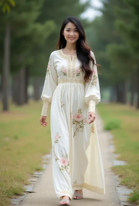 This photo shows a beautiful Indonesian woman in her mid-35's walking leisurely in the open against a backdrop of trees and a well-arranged stone path.  The woman had an oval face with translucent cheeks , neutral expression ,  not smiling but not angry ei...