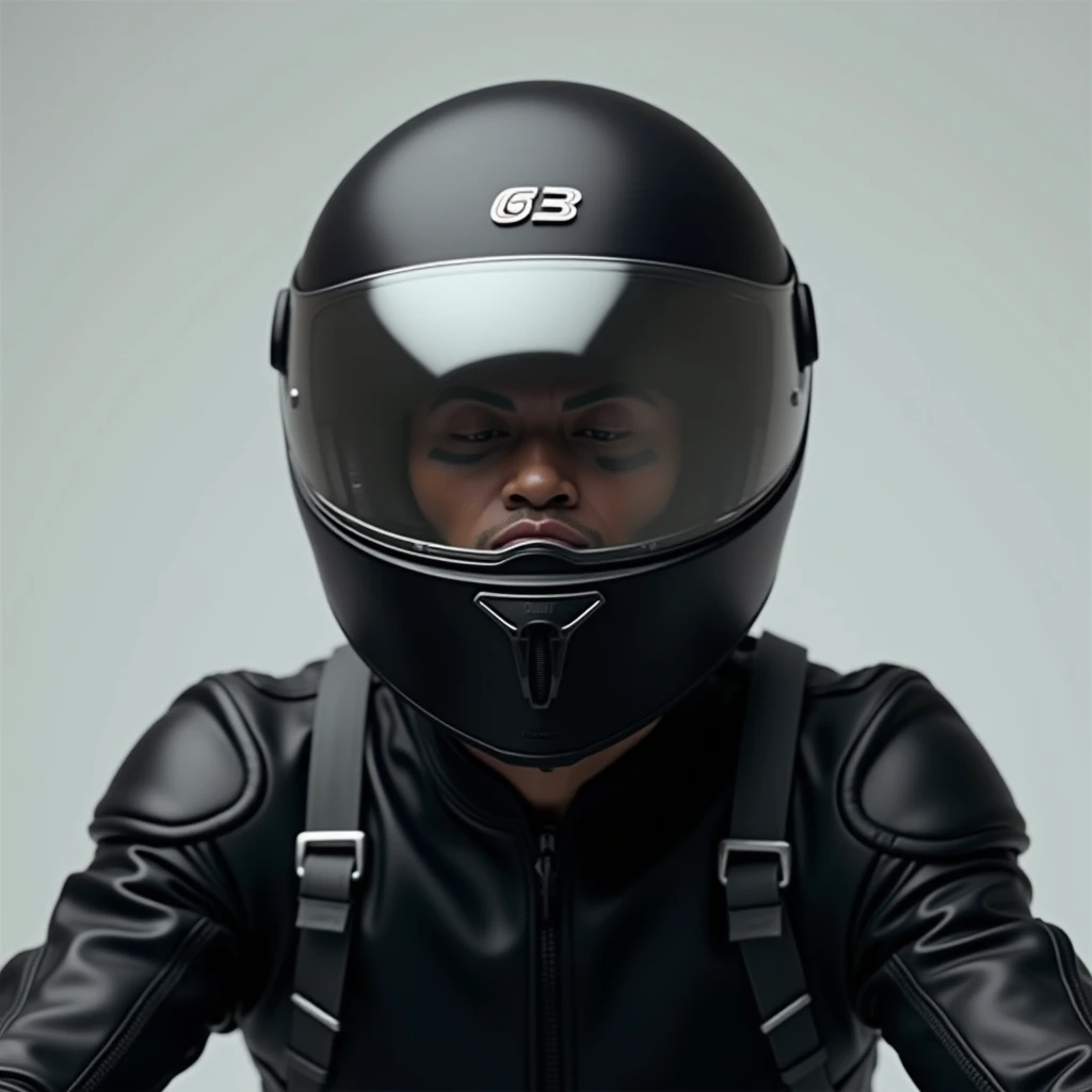  A motorcycle rider with Glenzden black AGV helmet and a silver mirrored visor, The black motorcross with dark grey elements. He should not have a bike but express this emoji: 😂