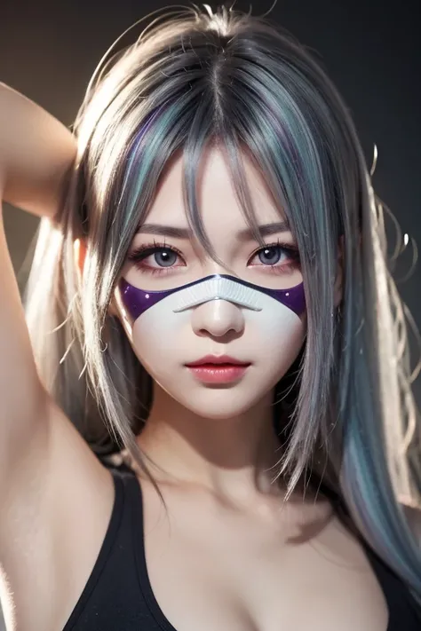  1 girl, Gray Hair,  multicolored hair,  purple eyes,  put a mask on your head,  side lighting ,  light particles,  wallpaper, Arm Up,  sweating 