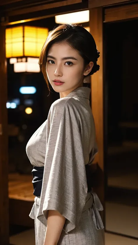  high image quality、 high resolution、 Masterpiece、  wide angle shot  、Modern night neon city、30th Generation、woman、 samurai、A kimono that emphasizes the bust、 perfect style、Japanese Sword、Ninja、  center part hair 、Cool looking 、 Character Portrait,  very d...