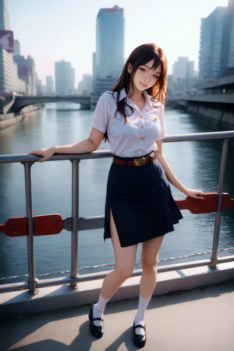 beauty  woman, leaning against railing, skyscraper and river on background, BREAK, (dark-brown long hair), BREAK, ((white short sleeves shirt, white short puff sleeves blouse), black-blue skirt with belt, white socks, black mary-janes), BREAK, (1girl, solo...