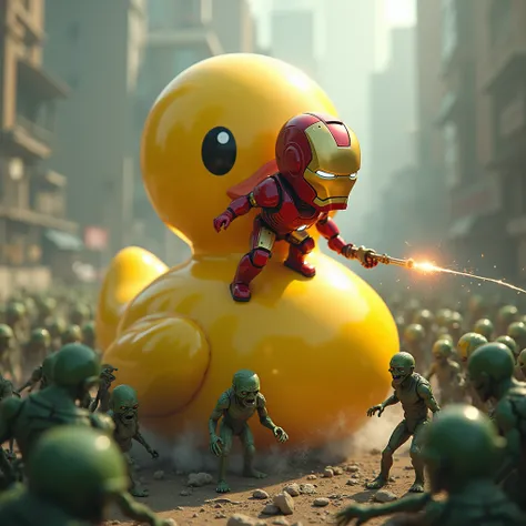 Ironman, Tiny but Big Head, Release the beam from the palm, Riding a giant yellow duck,  fights against hordes of scary green zombies