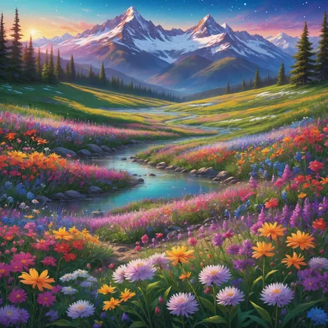 Animated, exquisitely detailed, colors bright and deep, pastel, dramatic, bright and colorful background. A breathtaking morning. Looking out over a tranquil flower field. Vibrant wildflowers bloom in the foreground and snow-capped mountains can be seen in...