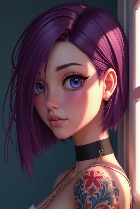 A  with purple hair and tattoos,  senior character artist with character portrait , painting realitysima digital art, price Khloe , beautiful neuromanic , CGSociety portrait Portrait of anime ((())) sweet-beautiful face, chestnut red hair beautiful face,  ...