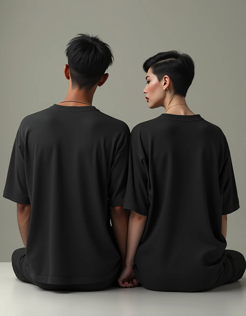 A man in a black oversized t-shirt ,  sits next to a girl in a black oversized t-shirt, The hair is cut into the hairstyle