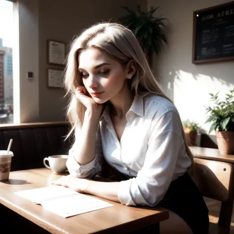 office clothes ,sitting in a cafe, summer terrace, sits by the table, tilted her head slightly, long hair