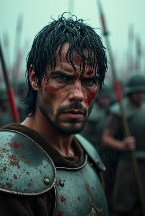 guts.  A warrior who is good at fighting,  wet black hair standing in the rain ,  has blood and dirt scattered on his face ,  showing a fierce and determined expression .   he is weathered in preparation for deadly attacks  ,  steel chest with visible dent...