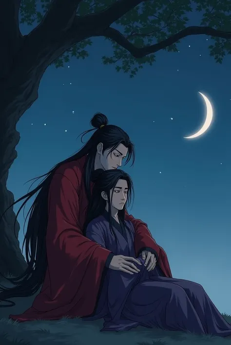  It was already night, with the crescent moon gleaming through the night sky. Xie Lian was sound asleep, still sitting under a tree with his knees tucked against his chest, resting his head on Hua Cheng’s firm shoulder. Hua Cheng was finally worn to the bo...