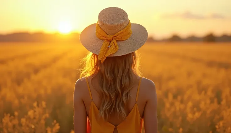 (photorealism:1.2),"A young woman standing in a golden field at sunset, viewed from behind. She wears a straw hat with a yellow patterned scarf tied around it, and her long wavy hair cascades down her back. She is dressed in a simple, mustard-colored sleev...