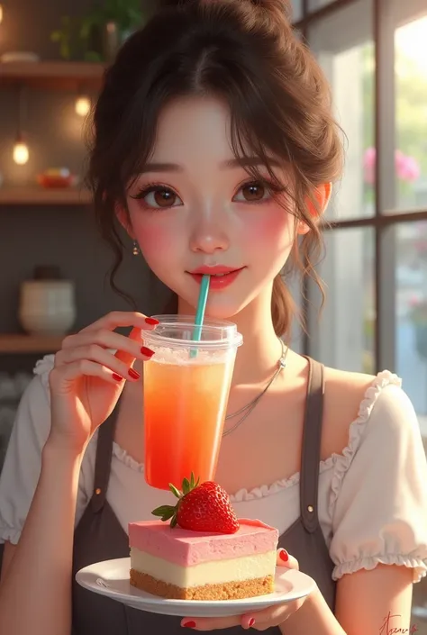 A cute woman has a soft drink and is holding an edible strawberry cake, starting at 129 baht realistic portrait