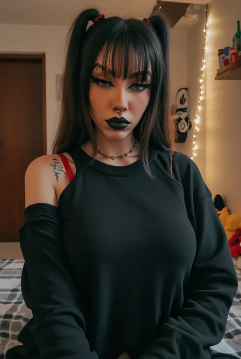 1girl, woman, emo_hairstyle, black lipstick, big choker, eyeliner, eye shadow, mascara, smoky eyes, black lips, bedroom, natural lighting, perfect face, emo, big breasts, black lips, sweatshirt, over the shoulder, tattoo