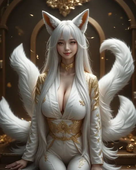  long hair,  super high heels,  textured skin ,  high detail,  highest quality,  1 girl, solo,  long hair,  closed eyes ,  golden eyes, Fox Ears,  Silver Hair, (( big breasts)),  Hide Ears ,  smiles, , full body photo,Canon, Wide angle, Chiaroscuro,  ray t...