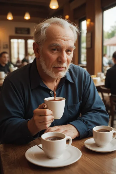 An old man sits in an old cafe in a popular neighborhood with people playing table and domino and drinking tea, coffee and shisha 