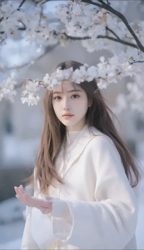 （ Masterpiece,  highest quality :1.2), winter, 1 female, [  white breath  ] 、( wondrous)winter festival  、  snowflake、❄️、 Cinematic Lighting , Focus on Her Face , Background Blur, Wondrous