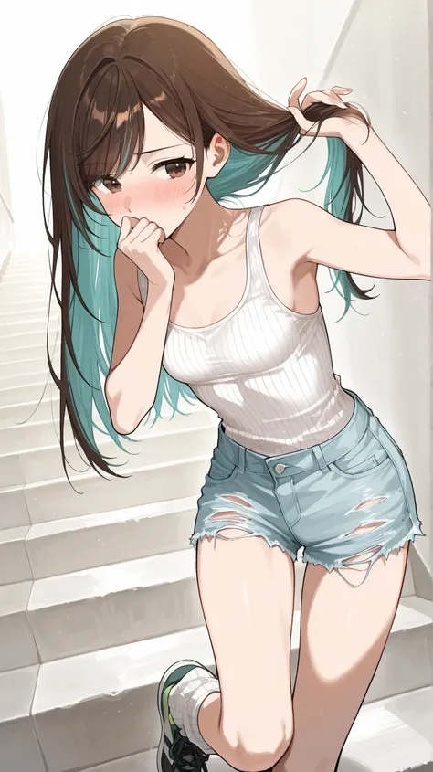  (Masterpiece, best quality), intricate details, JK,, close up, embarrassed expression, brown eyes, very long brown hair with teal highlights, pulling hair over mouth, white tank top, ribbed tank top, ripped jean shorts, light blue jean shorts, loose socks...