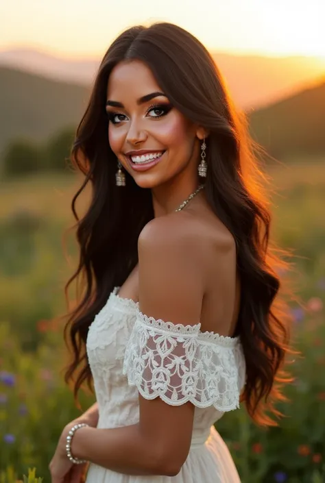 A beautiful Mexican American woman with a beautiful white dress, up close picture of her cute smiling, garden with hills and a beautiful sunrise, nice detail, posing sideways, jewelry, beautiful hair cascading down