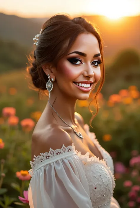 A beautiful Mexican American woman with a beautiful white dress, up close picture of her cute smiling, garden with hills and a beautiful sunrise, nice detail, posing sideways, jewelry