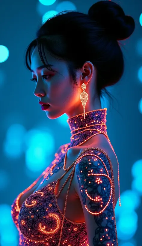  A stunning Korean woman with perfect facial features and anatomically correct proportions,  decorated with intricately designed , Dark,  with bright , Neon patterns.   Her arms are adorned with colorful  ,   glowing tattoos ,  that give her spectacular ap...