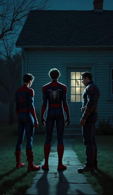 a realistic depiction of Joker, Spider-Man, and Captain America standing outside a house, looking through a window at night.