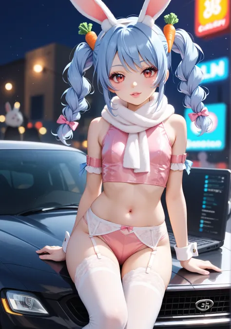 Young girl,Computer Classes, stage,body suit,  rabbit ears, pale skin on a street car,   light blue hair color ,  straight hair ,  red eyes,  pink beige lips,  slender, idol,whole body,Short sleeves, sleeveless, braid twin tails,White clothes, white stocki...