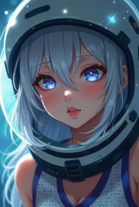 (Close-up of a better masterpiece:1.5)0.9], (Space and astronauts:1.2) (Messy silver hair:1.1) (Heterochromia xanthochromia and blue eyes:1.2) (Space Helmet:1.0) (Colored stars in the eyes:1.0) (A radiant glow:1.1) (thick lips:0.9),A young Japanese woman, ...