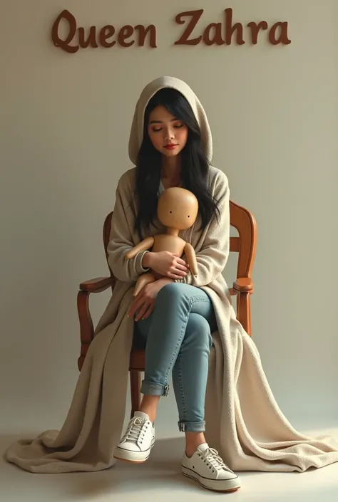 Create a 3D illustration of a beautiful Indonesian age woman wearing a casual hody dress jeans and shoes hugging a wooden chair sitting doll with a background that says QUEEN Zahra 