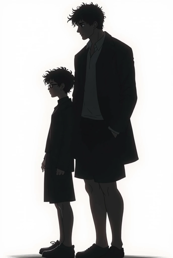  Make me an image of two boys ..... one tall and muscular and dominant ......The other little one ,  with glasses and curly hair .  But that sounds like a silhouette on a white background,  style video game character , Face to face I want to give each othe...