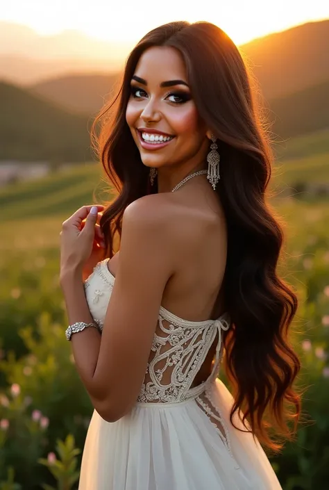 A beautiful Mexican American woman with a beautiful white dress, up close picture of her cute smiling, garden with hills and a beautiful sunrise, nice detail, posing sideways, jewelry, beautiful hair cascading down