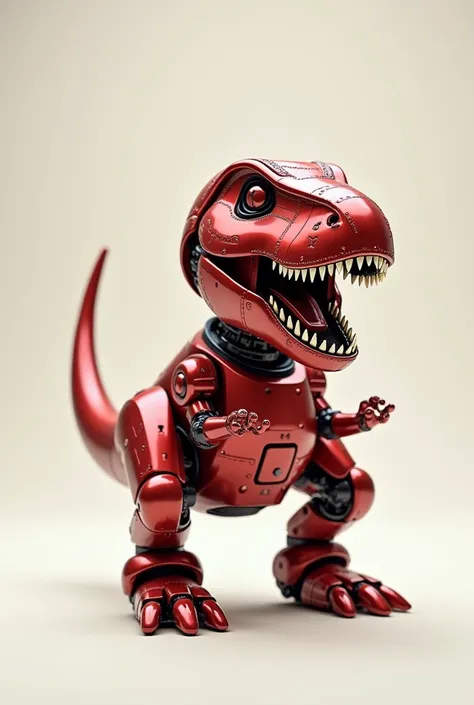 SUPER REAL, chibi, Tyrannosaurus shaped robot, one robot, entire robot drawn, one tail, mouth wide open, leaning forward, color red metallic, two front legs, two back legs, tail pointing upward. No background.