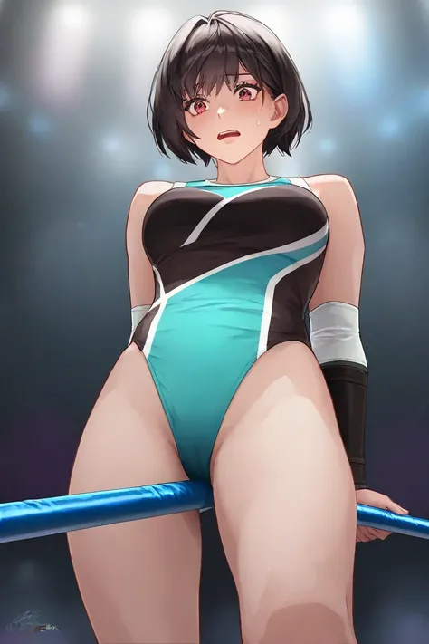 A female professional wrestler is crossing the crotch tightrope,she is frightened,((((masterpiece)))), (( unity 8k wallpaper, photorealistic , (( detailed face )), ((nsfw)),